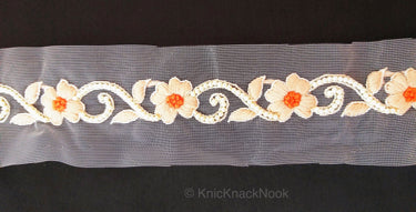 Beige Net Trim With Floral Embroidery, Pearl Beads Trim, Beaded Trim